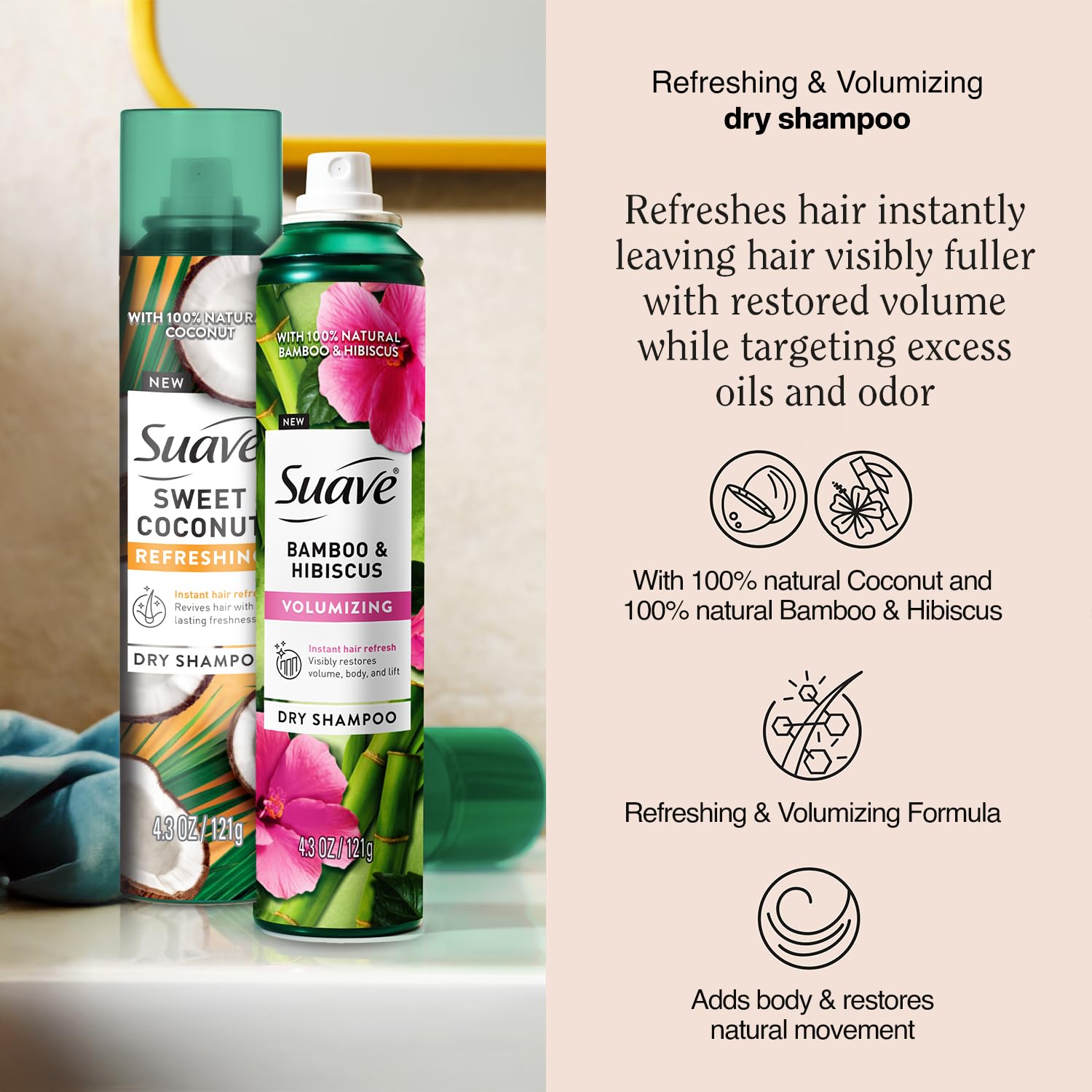Suave Dry Shampoo Spray Variety 2-Pack – Volumizing Bamboo & Hibiscus, Refreshing Sweet Coconut, 4.3 Oz Ea
